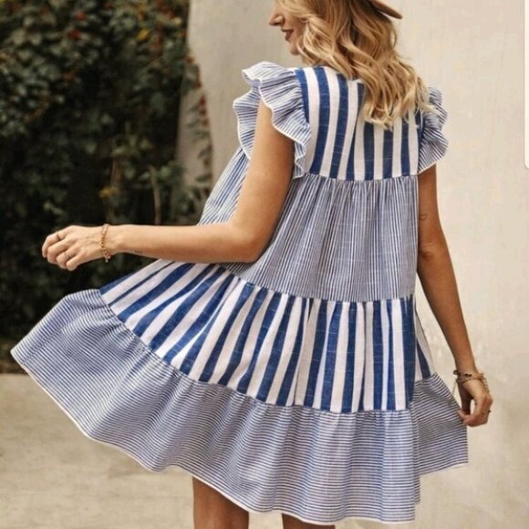 Hampton Vertical Blue Striped Babydoll Dress - Picture 3 of 12